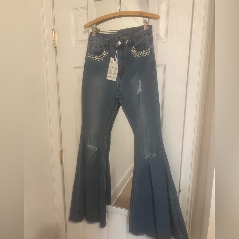 NWT Denim Couture Rhinestone Distressed Flare Jeans